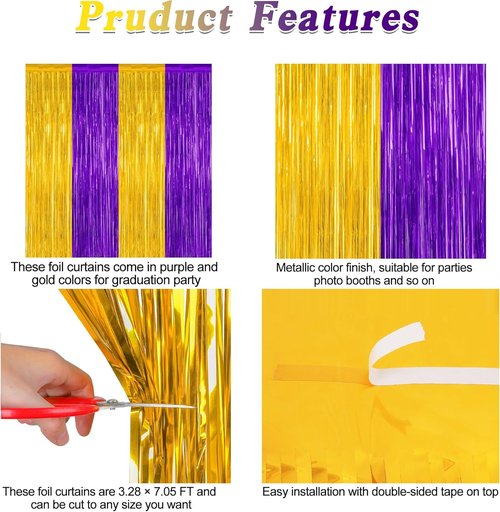 Graduation Backdrop - 2 Pack Metallic Purple & Gold Foil Fringe Curtains | 3.28 FT x 7.05 FT Class of 2026 Decor