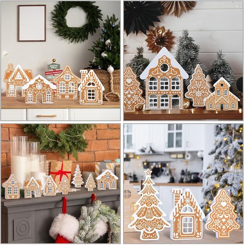 Faccito 9-Piece Wooden Gingerbread House Decor Set - Festive Christmas Village Centerpiece for Indoor Holiday Decorations