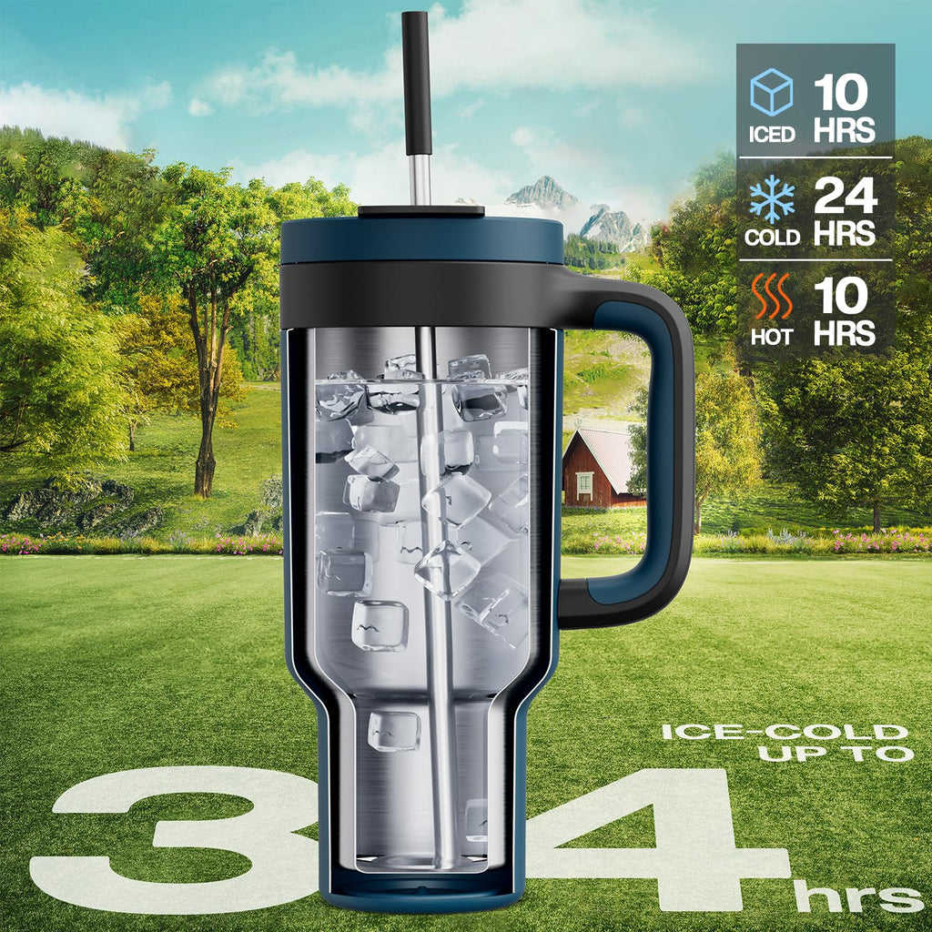 POWCAN 40 oz Tumbler with Handle, 2-in-1 Straw and Sip Lid, Leakproof, Dishwasher Safe, Insulated Stainless Steel Travel Coffee Mug, Keeps Cold for 34 Hours, Fits in Car Cup Holder (Deepsea)
