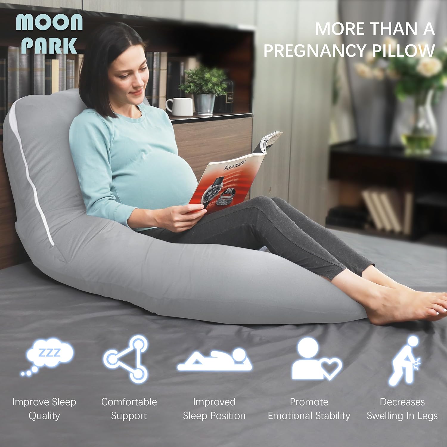 MOON PARK Pregnancy Pillow - U-Shaped Full Body Maternity Support for Back, Belly & Hips - 57 Inch - Light Grey