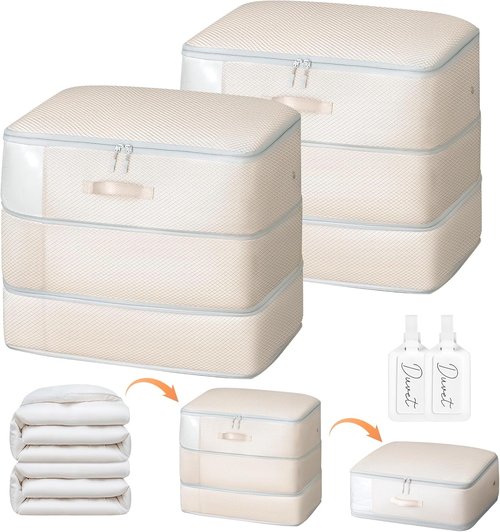 Comforter Storage Bag | Skiennix Large Capacity 3-Layer Compression Organizer - Washable Beige 2-Pack