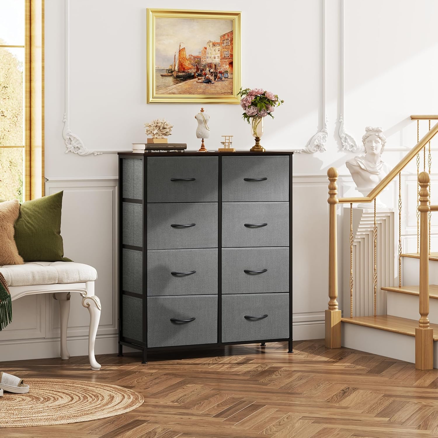WLIVE Fabric Dresser - Tall 8-Drawer Storage Tower with Fabric Bins | Dark Gray for Bedroom & Living Room