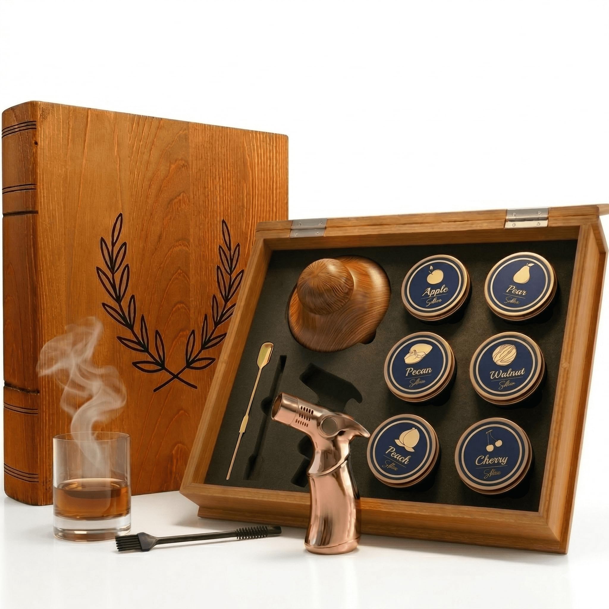 Whiskey Smoker Kit – Cocktail Smoking Kit for Smoked Whiskey, Bourbon & Old Fashioned Drinks, Wooden Gift Box Set with 6 Wood Chip Flavors and Smoking Tools