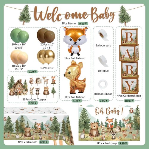 Woodland Baby Shower Decorations, Woodland Animals Themed Decor with Balloon Garland Arch | Baby Box | Tablecloth | Banner | Cake Topper for Neutral Forest Party
