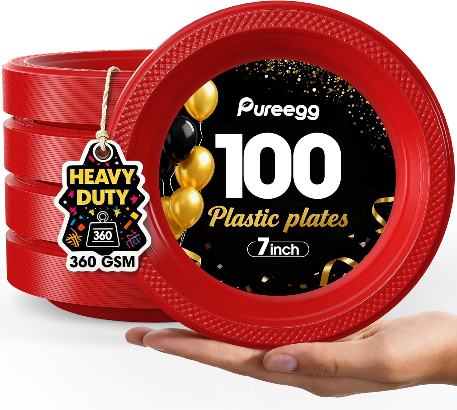 Pureegg 7-Inch Red Plastic Dessert Plates - 100-Count Disposable Party Plates | BPA-Free for Events & Picnics