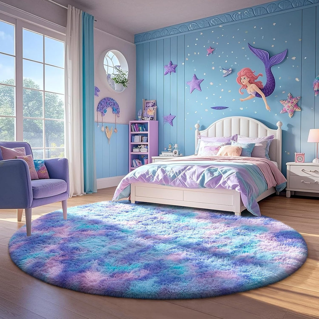 Ophanie Round Area Rug - 5Ft Tie-Dye Rainbow Purple | Fluffy Shaggy Carpet for Kids' Rooms & Nurseries