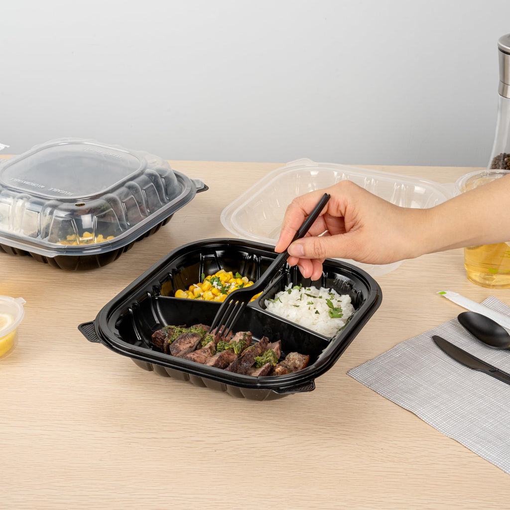 Thermo Tek 40 Ounce Clamshell Containers, 100 Disposable Take Out Boxes - 3 Compartments, Ventilated Lids, Black Plastic Meal Prep Containers, Microwavable, For Pasta Or Salads - Restaurantware
