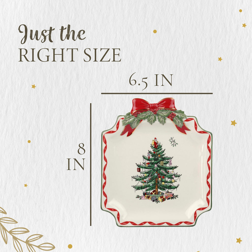 Spode Christmas Tree Ribbons Square Platter with Bow Handles - 11-Inch Holiday Serving Plate for Desserts, Appetizers, & Treats - Festive Christmas Dinnerware with Gold Accents - Dishwasher Safe
