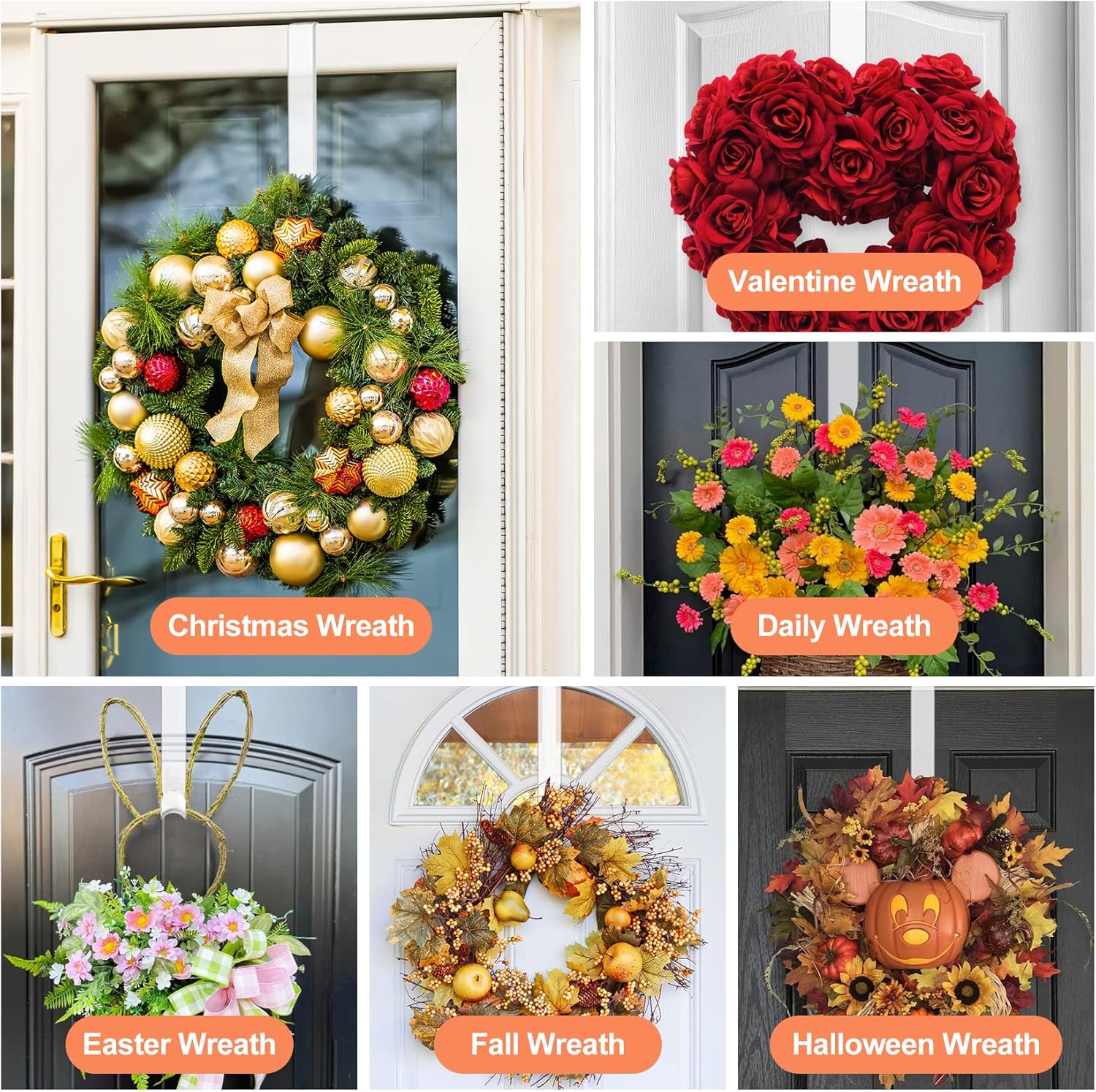 Skiennix 12" Clear Wreath Hanger - Non-Scratch Over The Door Hooks for Slim Organizer