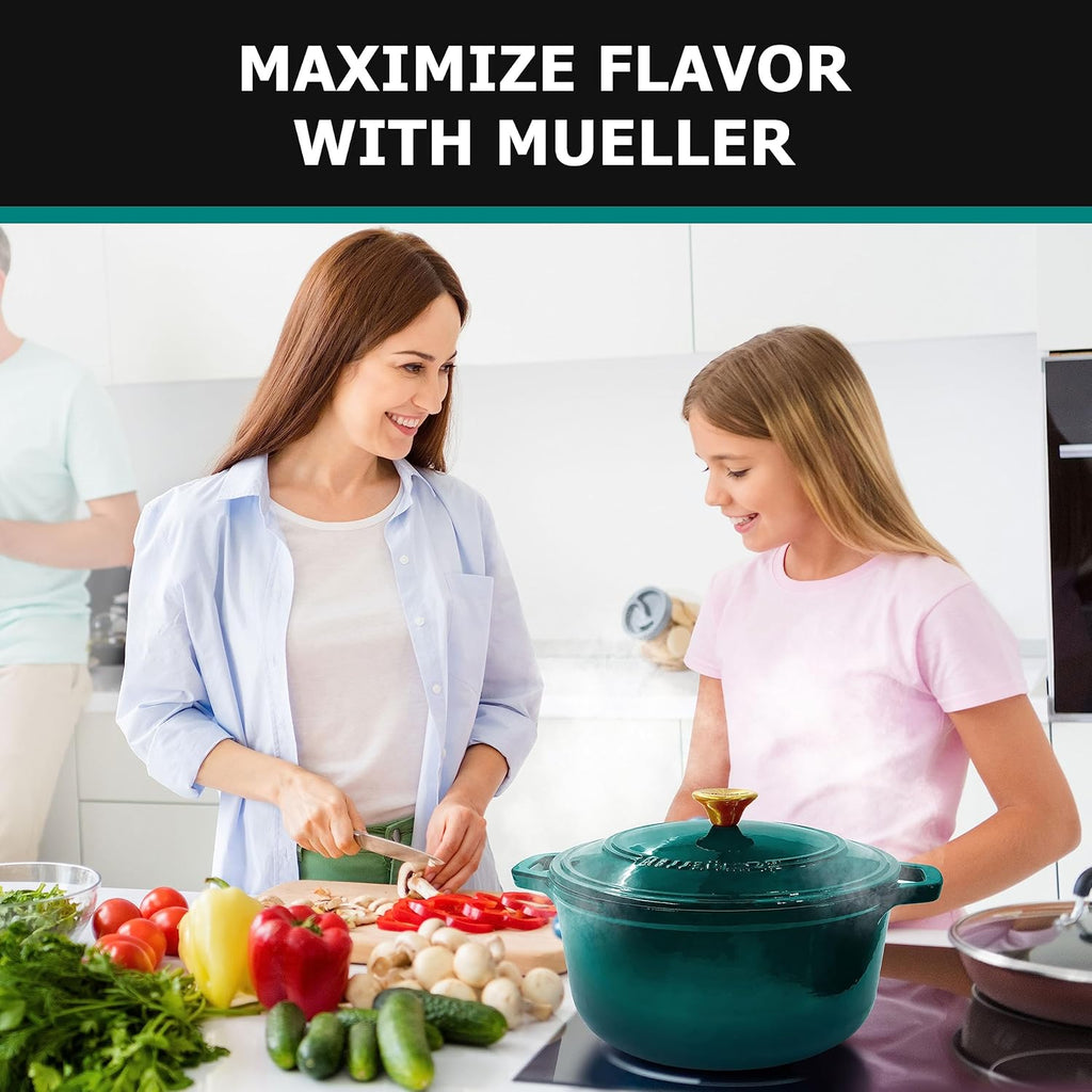 Mueller DuraCast Enameled Cast Iron Dutch Oven - 6 Quart, PFOA-Free, Oven Safe to 500°F | Ideal for Sourdough Baking, Emerald