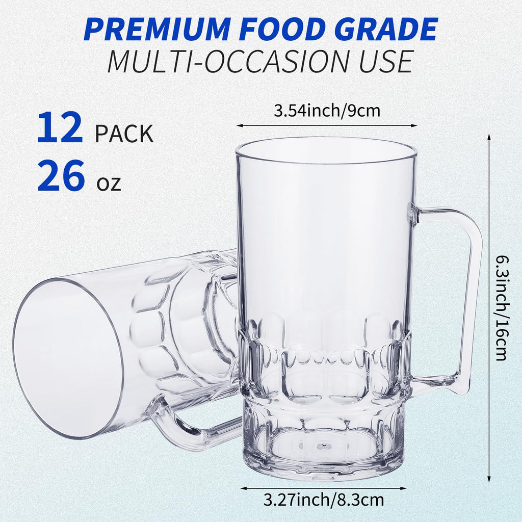 Mifoci 12 Pcs 26 oz Plastic Beer Mugs with Handles Plastic Clear Cup Drinkware Steins Bulk Reusable Acrylic Beer Drinking Cups with Handle for Drinking Restaurant Bar Home