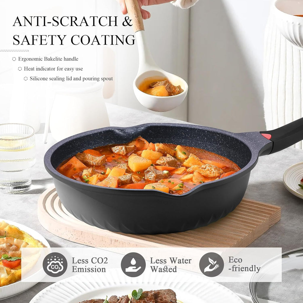 Vinchef Nonstick Skillet - 12.5-Inch Aluminum Deep Frying Pan with Lid & Heat Indicator | Scratch & Stain Resistant