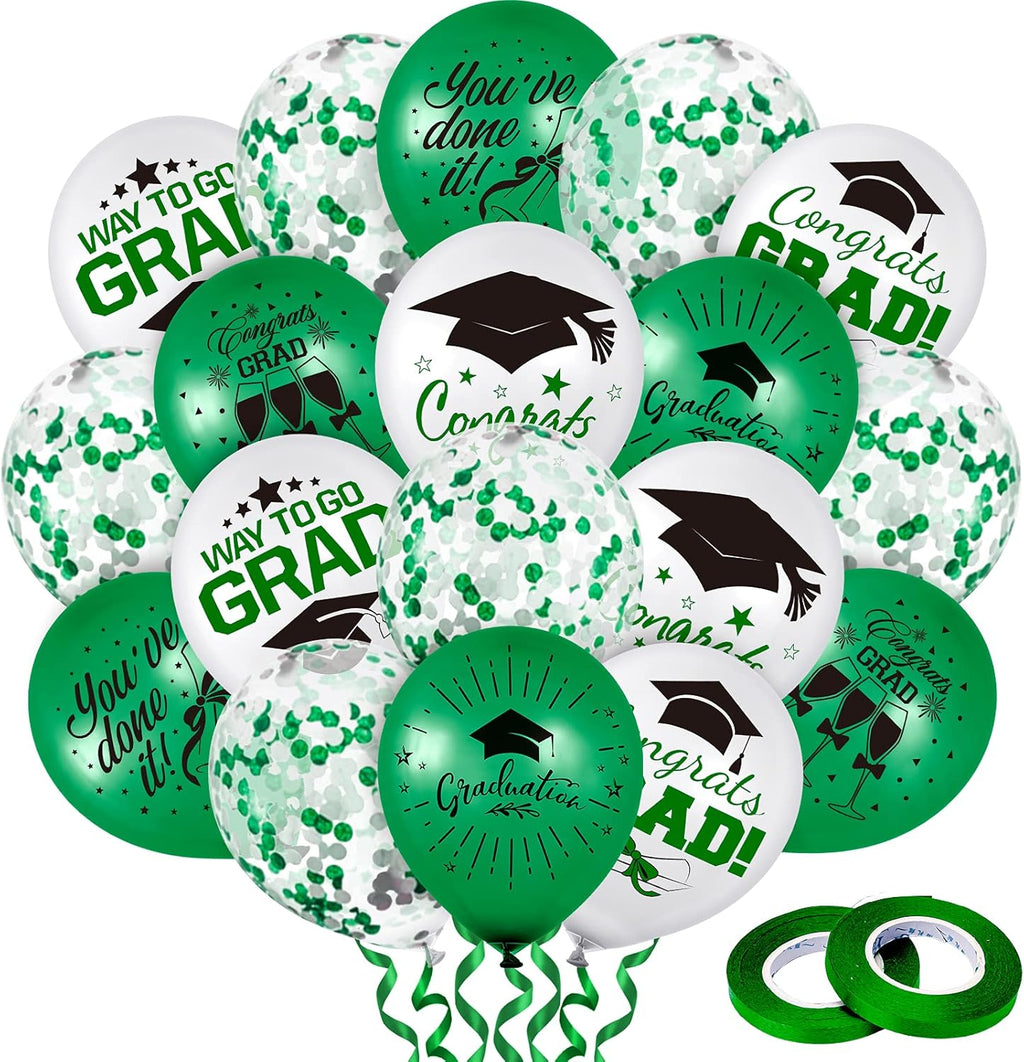 Whaline Graduation Party Balloon Set - 60 Pcs in Green & White with Confetti | Includes 2 Rolls of Ribbon