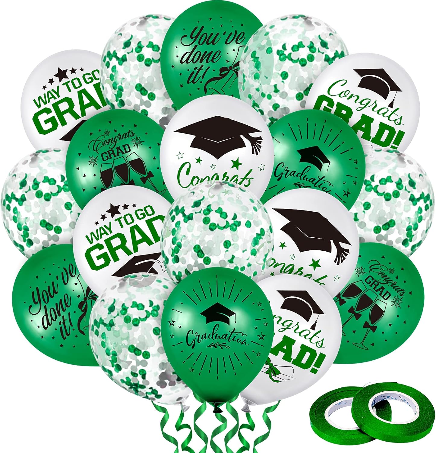 Whaline Graduation Party Balloon Set - 60 Pcs in Green & White with Confetti | Includes 2 Rolls of Ribbon