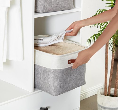 DECOMOMO Storage Baskets - Stylish Fabric Organizers for Shelves | Large Grey & White - 3 Pack