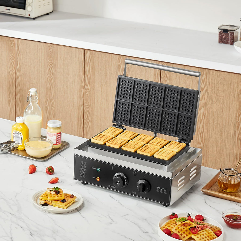 VEVOR Commercial Waffle Maker, 10PCS Rectangle Waffle Baker Machine, 1550W Non-Stick Stainless Steel Belgian Waffle Iron with Temp and Time Control, Handle, for Restaurant Bakery Snack Bar Family