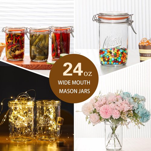 Jeitae 24oz Wide Mouth Mason Jars – 6 Pack Glass Jars with Airtight Lids for Canning, Pickling, Meal Prep, Jam, Jelly, Overnight Oats & DIY Projects