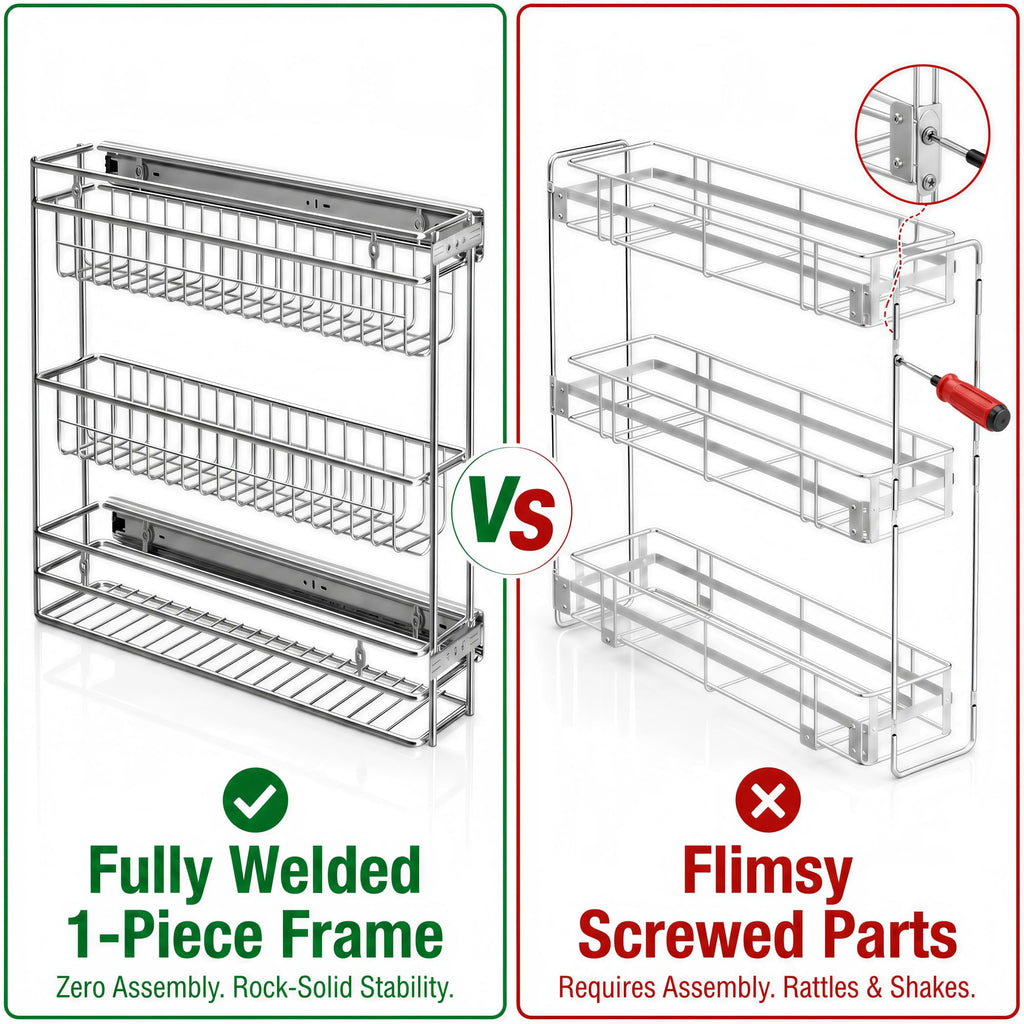 JOWBOOW Narrow Pull Out Cabinet Organizer, 4" Skinny Side Mount Spice Rack for Frameless Cabinets, Heavy Duty 3-Tier Zero Wobble Slide Out Shelf