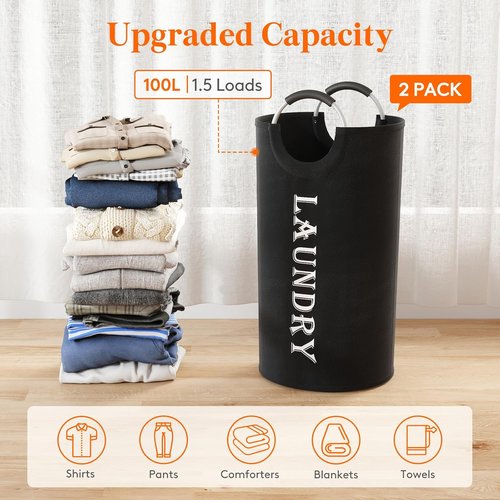 Lifewit Large 100L Laundry Basket - Collapsible Hamper with Aluminum Handles | Waterproof Black 2-Pack