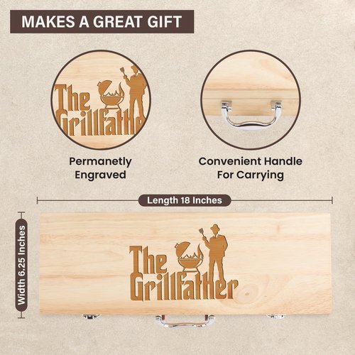 11-Piece BBQ Grill Tool Set with Engraved Maple Wood Gift Box with Stainless Steel Barbecue Accessories with Wooden Handles – The Grillfather Grilling Kit for Dad, Men, Husband