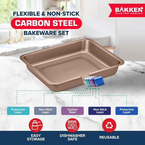 BAKKEN 6-Piece Baking Pan Set | Commercial Grade Carbon Steel, Nonstick, Space-Saving Design, Oven Safe Up to 450°F, Brown