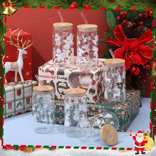 Yetene 24 Set 2026 Christmas Glass Cups Gifts 16 oz Christmas Drinking Glasses with Bamboo Lid Straw Santa Winter Iced Coffee Glasses Gift for Women Xmas Staff Employee Appreciation New Year (White)
