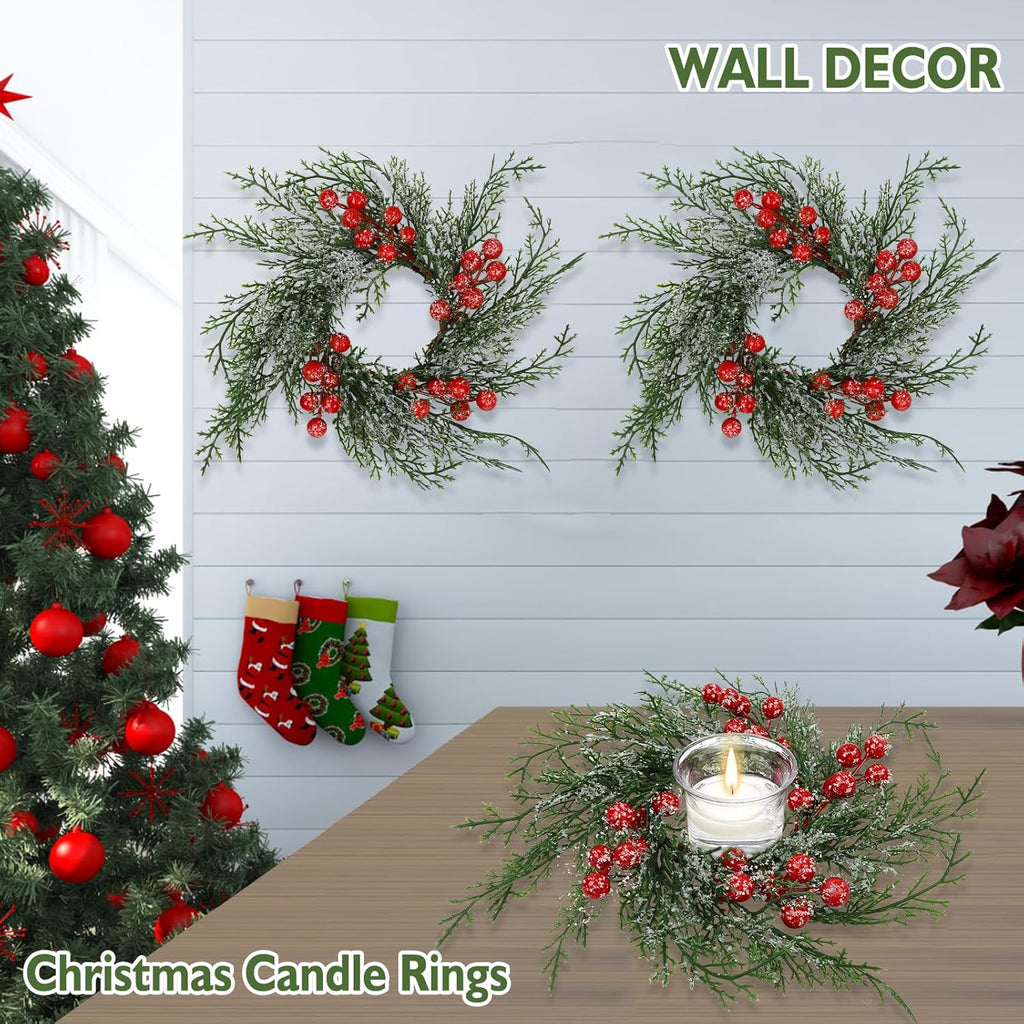 Regine Switzerland Christmas Candle Rings - 6 Pcs Red Berry & Snowy Pine Wreath Holders for Holiday Decor