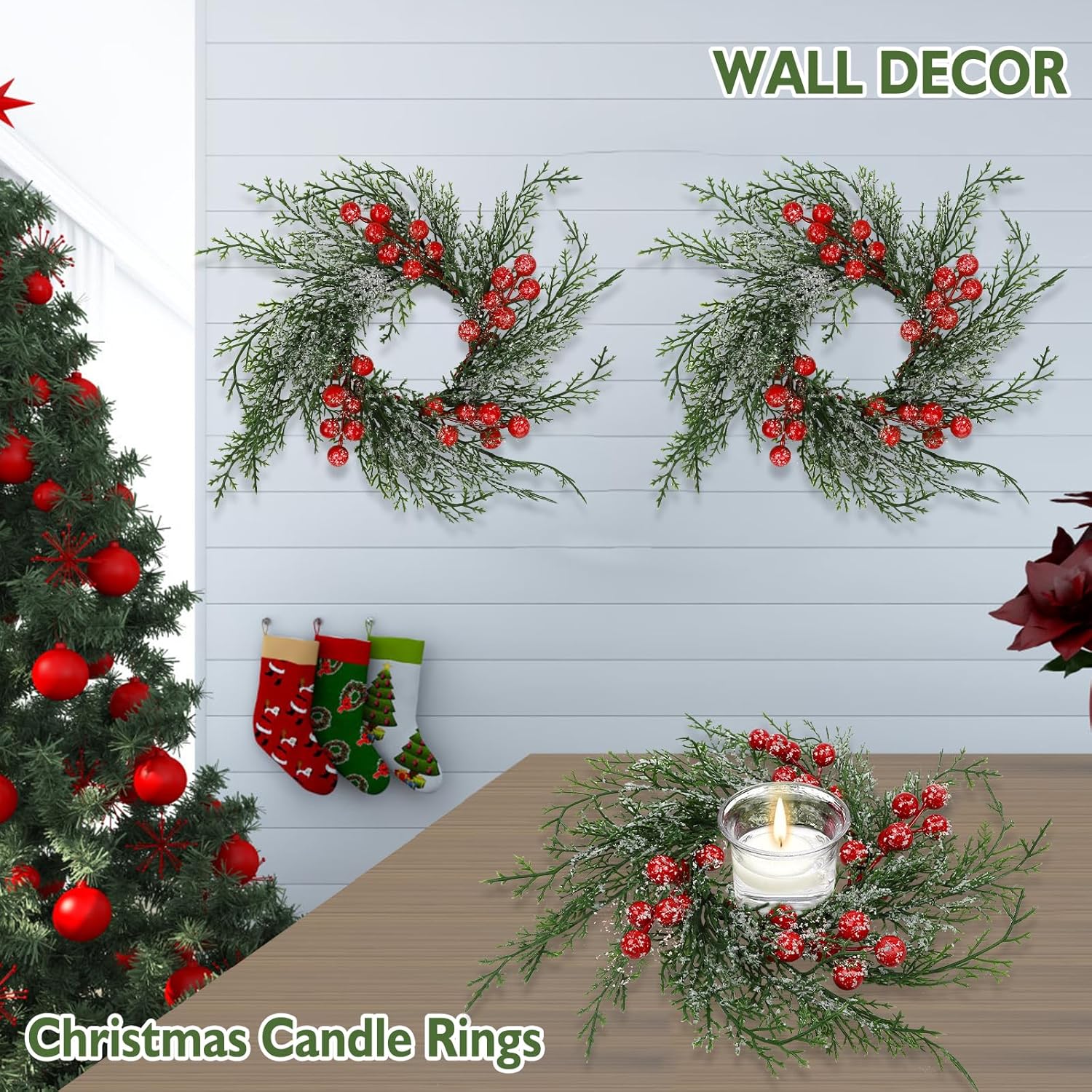 Regine Switzerland Christmas Candle Rings - 6 Pcs Red Berry & Snowy Pine Wreath Holders for Holiday Decor