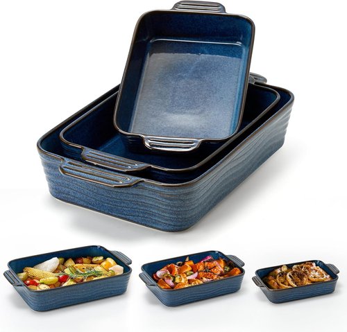 Kiln-Transformed Blue Ceramic Baking Dish Set - 3 Square Casserole Dishes with Handles for Oven Use