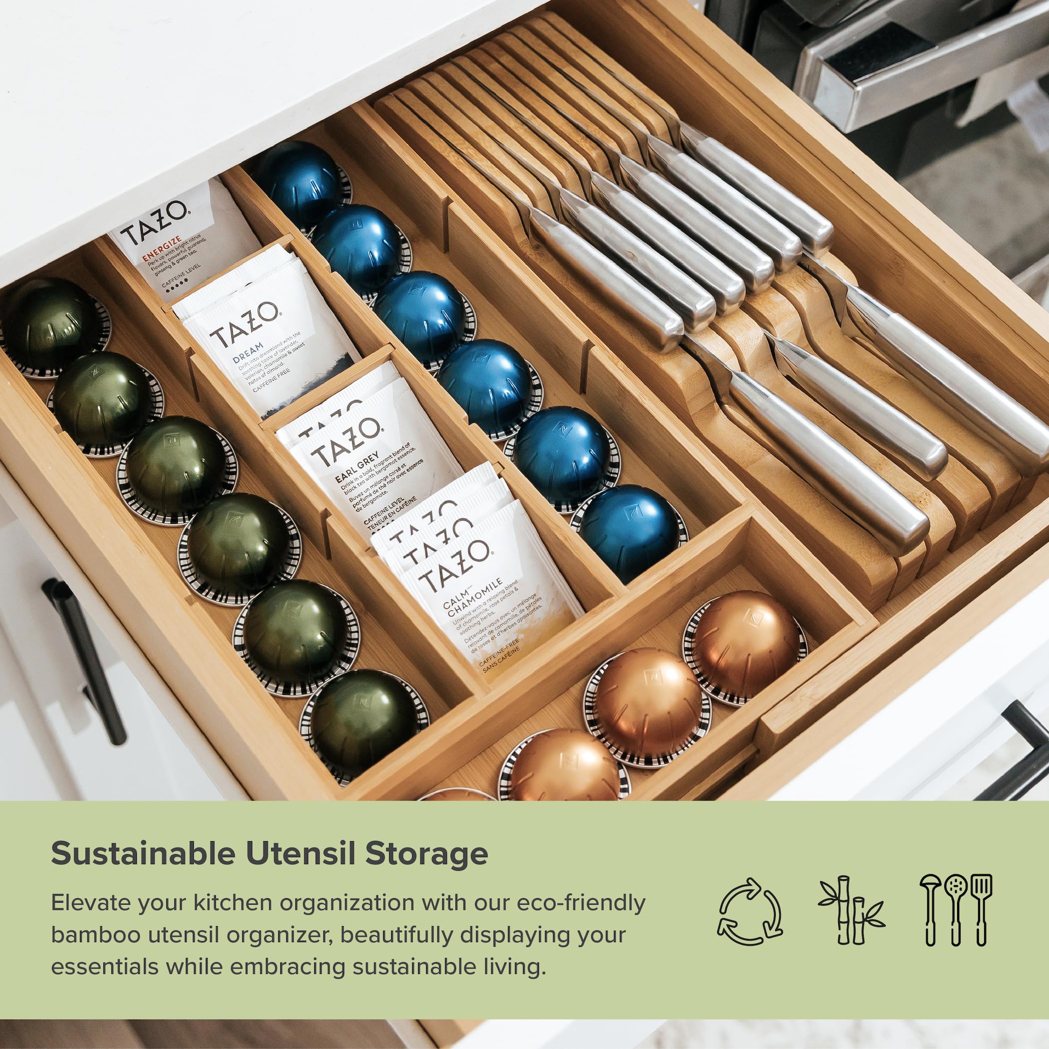 KitchenEdge Tea Bag and Coffee Pod Kitchen Drawer Organizer, Expandable 9.7 to 17 Inches, 10 Accessory Compartments with Adjustable Wall Inserts, Non-Slip Rubber Feet, 100% Sustainable Bamboo Wood