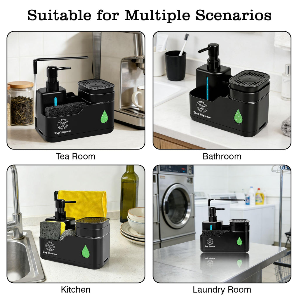 Kitchen Soap Dispenser Set (Black) – 4 in 1 Dual Pump Bottles with Sponge Caddy, Brush Holder, Towel Bar & Drain Rack – Space-Saving Countertop Organizer for Sink & Bathroom
