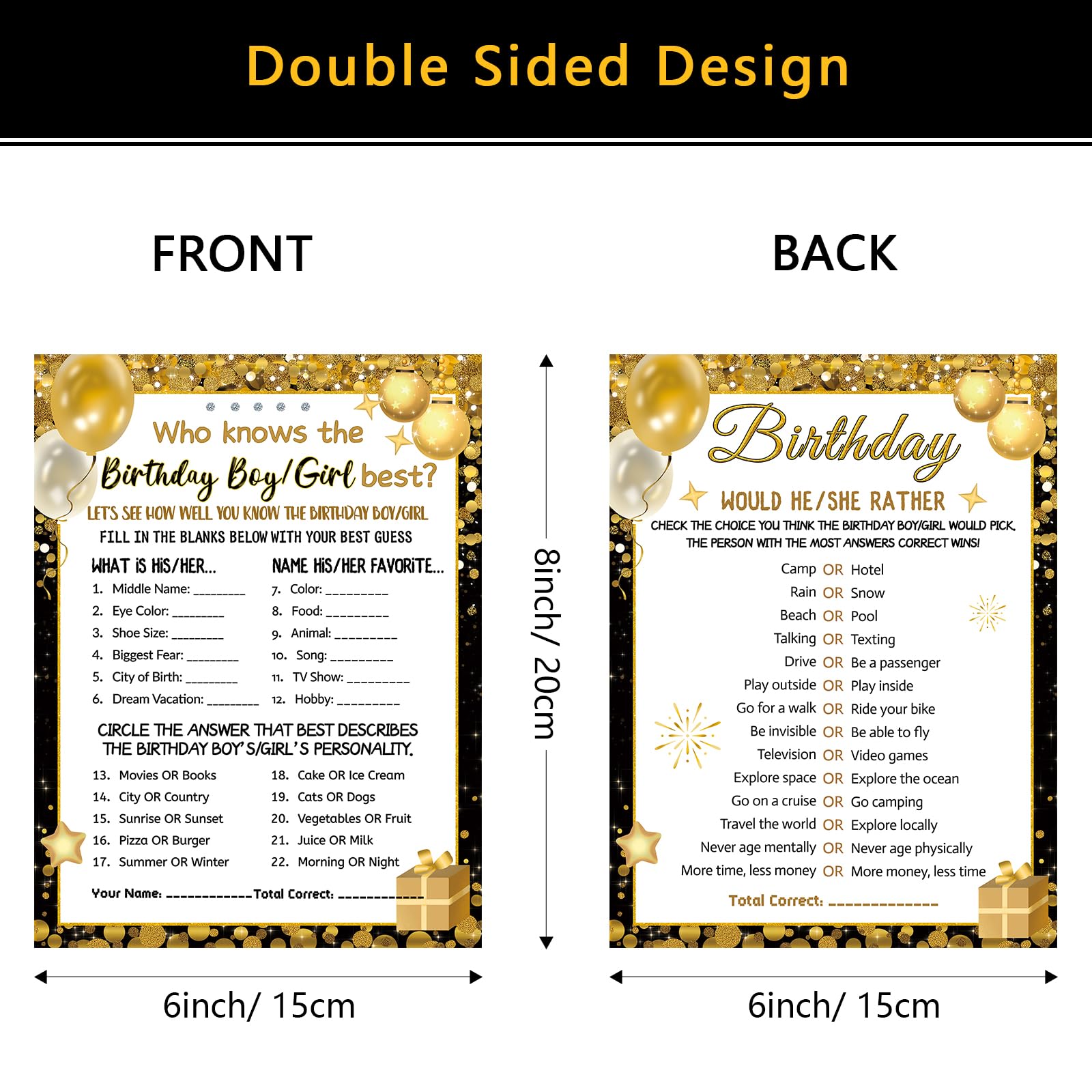HOMANGA Who Knows The Birthday Boy Girl Best, Birthday Game Cards for Party Activities, Birthday Game Cards for Teens Kids Girls Boys Sleepover Party - Set of 30 (Black Gold, Double-Sided)