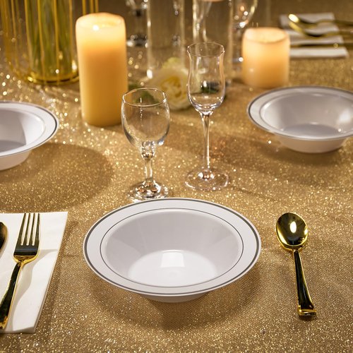 JOLLY PARTY 100PCS Plastic Bowls with Silver Rim-12oz Disposable Soup Bowls, Christmas Thanksgiving Premium Heavy Duty Plastic Dessert Bowls for Wedding/Party, Silver