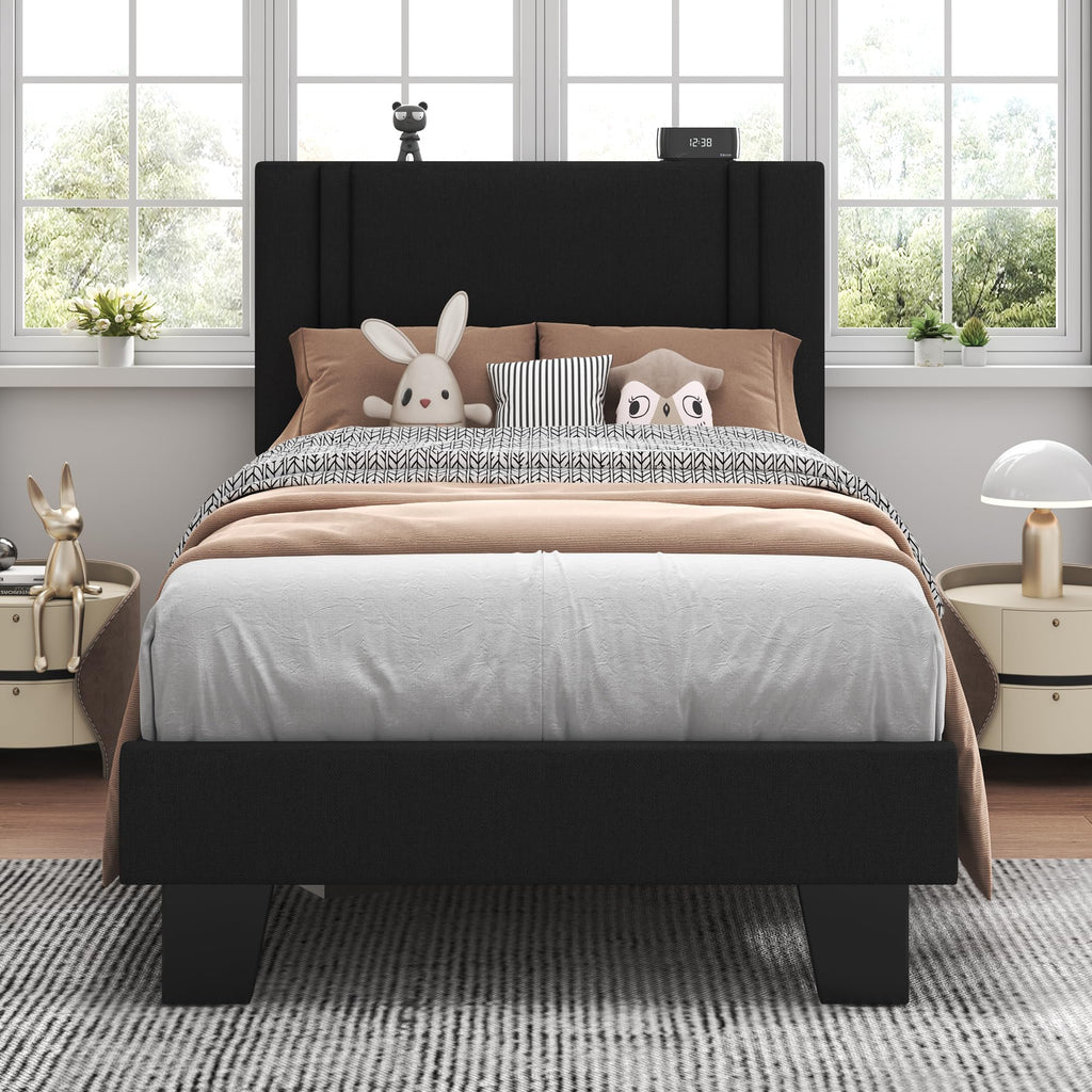 Feonase Twin Platform Bed Frame, Fabric Upholstered Twin Bed Frame, Solid Wood Slats & Heavy Duty Feet Support, No Box Spring Needed, Noise-Free, Easy Assembly, Black