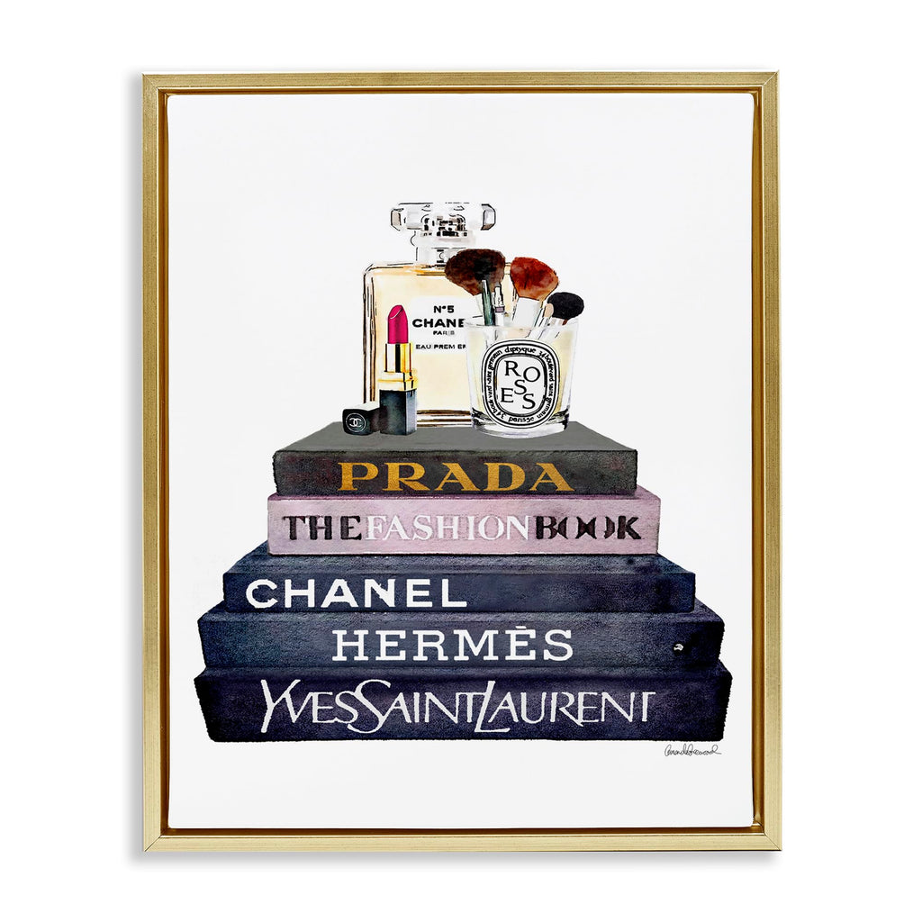 Stupell Industries Glam Fashion Book Set With Makeup, Design by Amanda Greenwood, 24 x 30, Gold Floater Framed