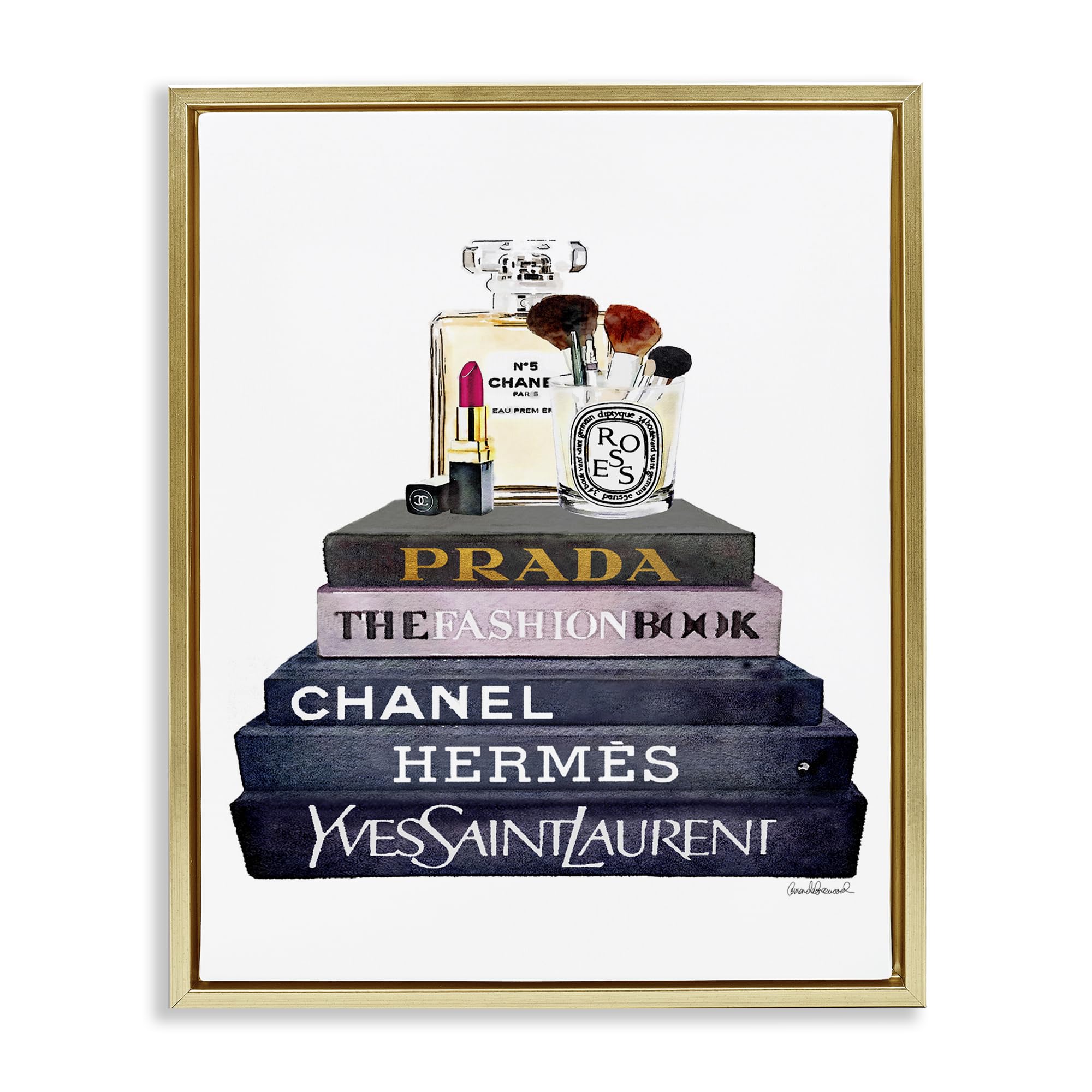 Stupell Industries Glam Fashion Book Set With Makeup, Design by Amanda Greenwood, 24 x 30, Gold Floater Framed