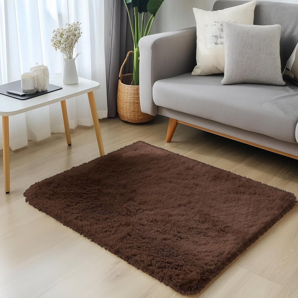 OLANLY Small Bedside Rug - Soft, Fluffy Shaggy Throw Rug for Bedroom & Living Room | Machine Washable, Coffee