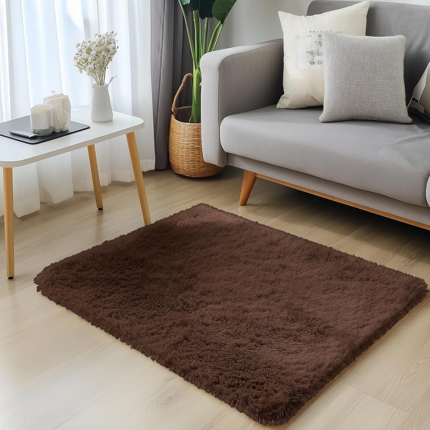 OLANLY Small Bedside Rug - Soft, Fluffy Shaggy Throw Rug for Bedroom & Living Room | Machine Washable, Coffee