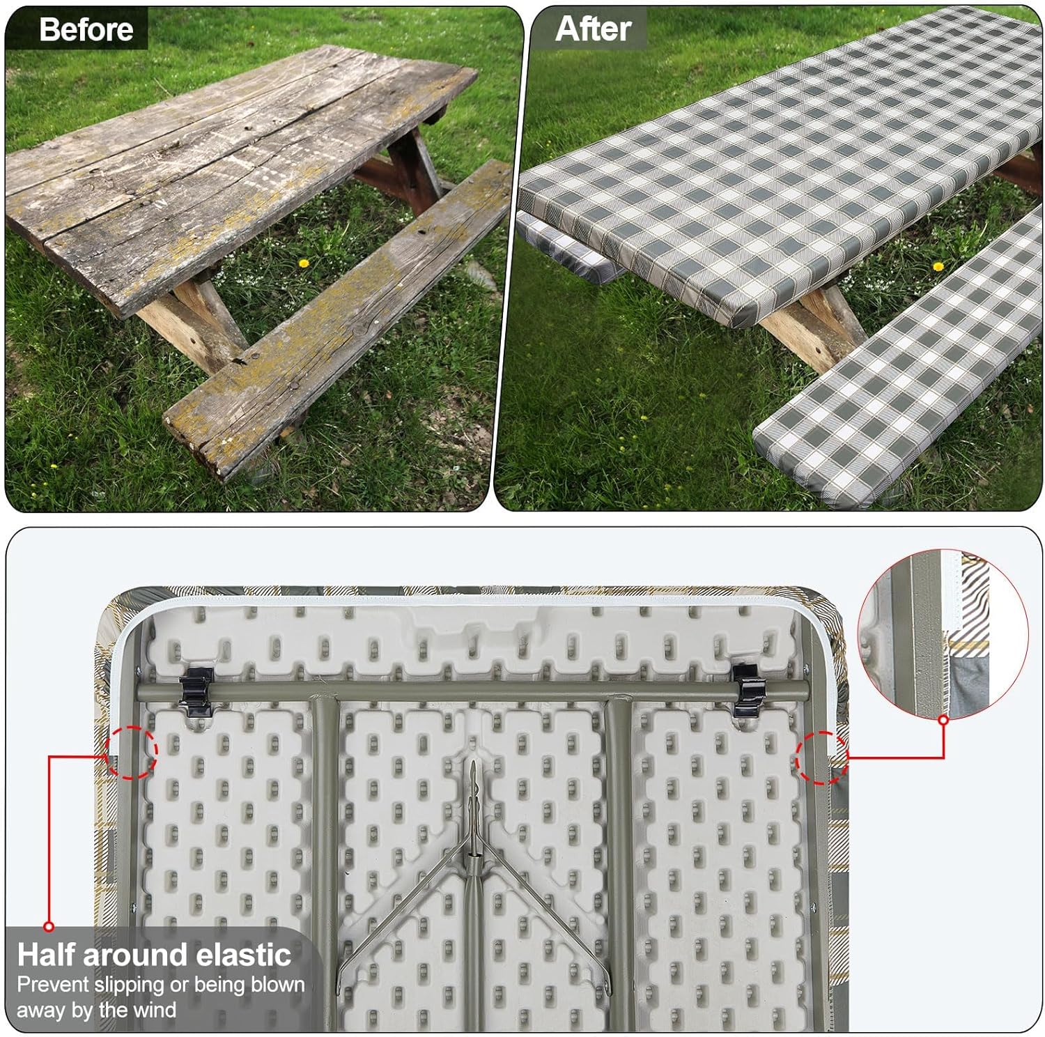 Picnic Table Cover - Waterproof & Windproof with Bench Covers | Fitted Rectangle 72in, Gray White