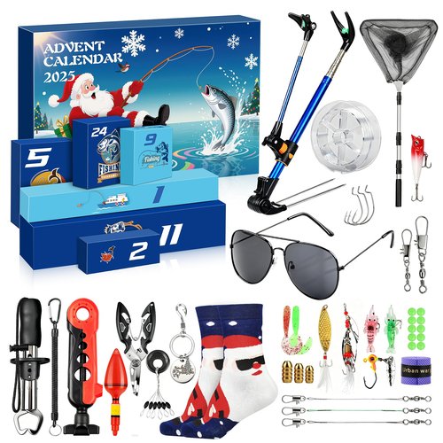 Fishing Advent Calendar 2025 for Men, 24 Days Christmas Countdown Fishing Lure Advent Calendars with Rod Holder, Landing Net, Fish Gripper, Hook, Bait - Christmas Gifts for Father, Husband, Boyfriend