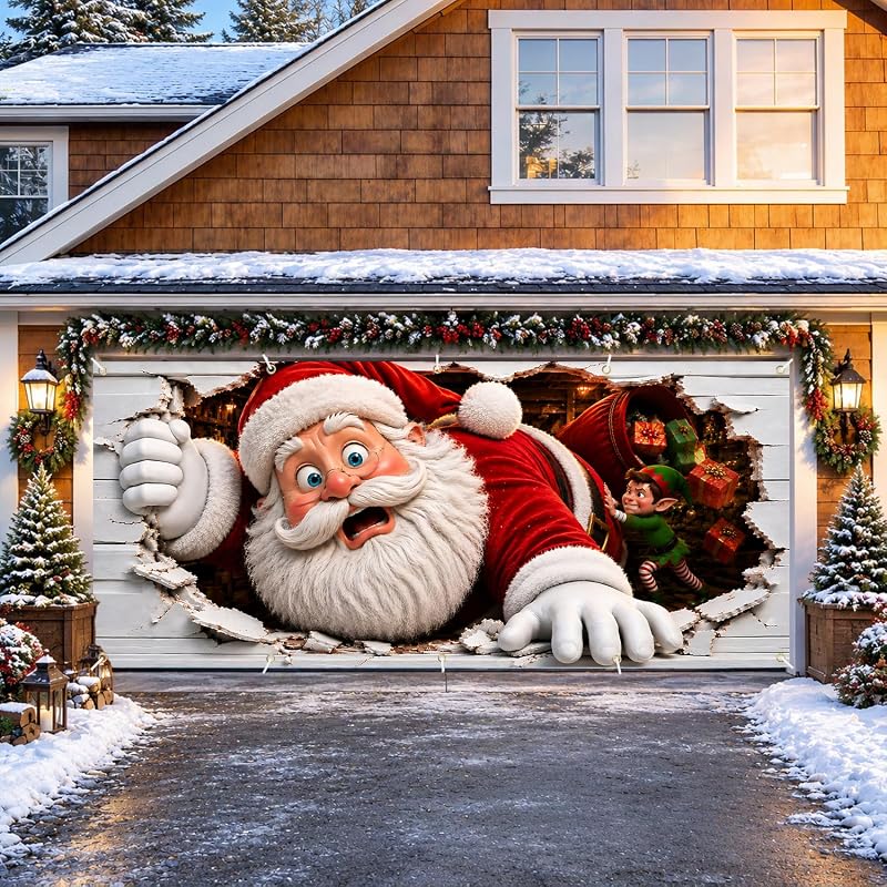 7x16 Ft Christmas Garage Door Banner - 3D Santa Breaking Through, Large Indoor/Outdoor Holiday Backdrop - Variation: Funny Stuck Santa