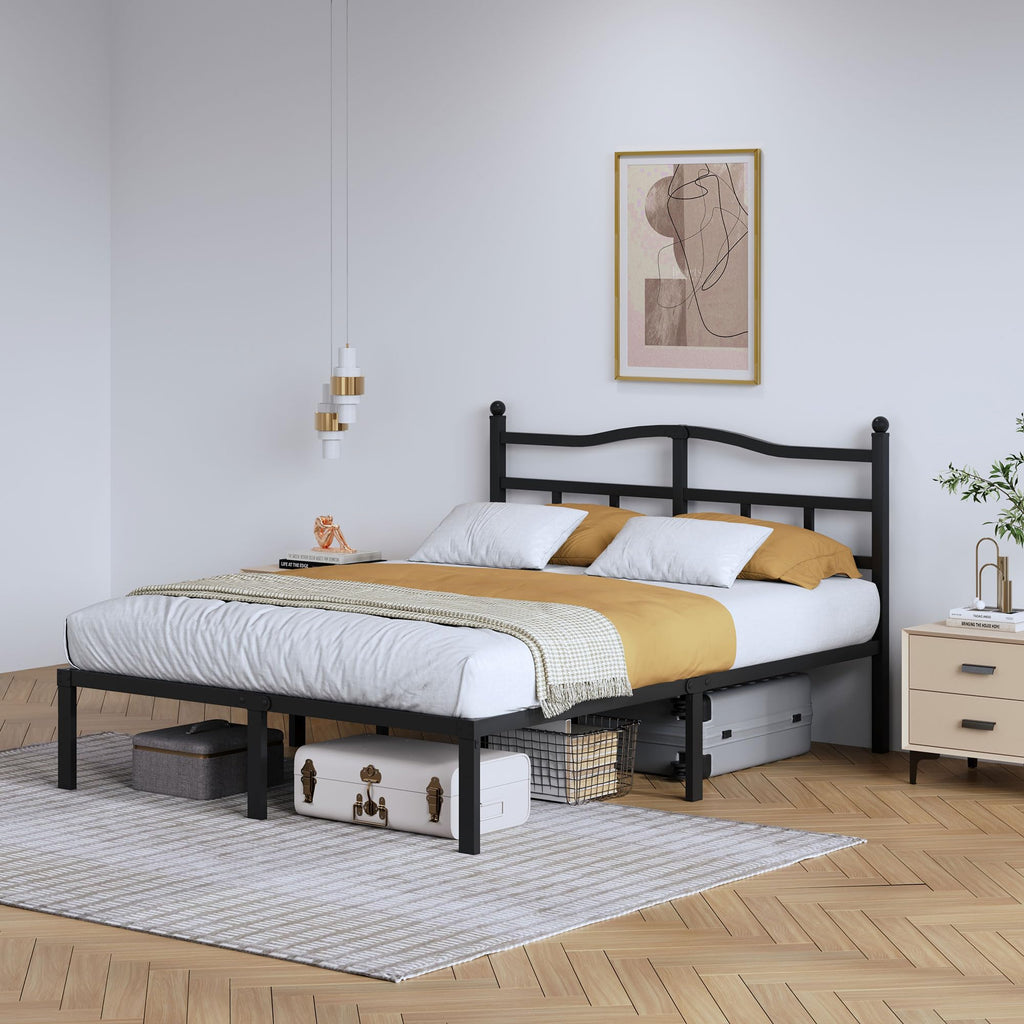 SHOANED 14 Inch Metal Bed Frame - Queen Size Heavy Duty Bedframe with Headboard Black Basic Steel Slats Platform No Box Spring Needed/Easy Assembly/Noise Free