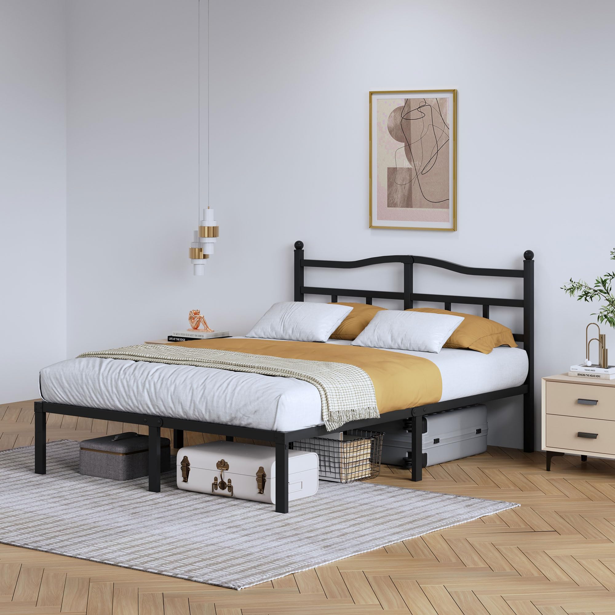 SHOANED 14 Inch Metal Bed Frame - Queen Size Heavy Duty Bedframe with Headboard Black Basic Steel Slats Platform No Box Spring Needed/Easy Assembly/Noise Free
