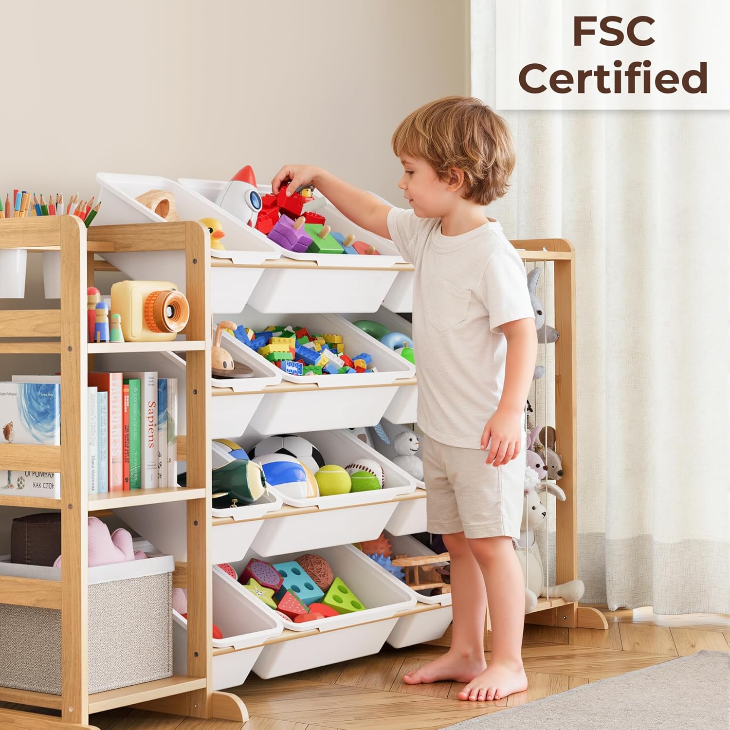 Toy Storage Organizer by [Brand Name] - Kids Playroom Bookshelf with 12 Bins & Stuffed Animal Storage - Essential Nursery Decor