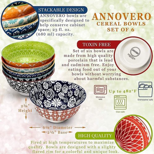 Annovero Cereal Bowls, Dessert Cups | Kitchen Serving Dishes | Microwave Oven Safe | Colorful Porcelain Dinnerware
