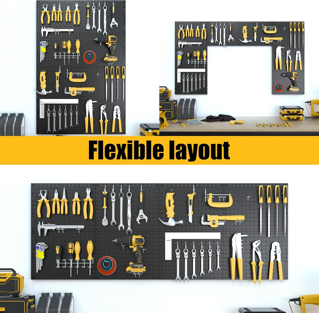 Spampur Metal Pegboard Panels - 8 Pack Heavy-Duty Wall Organizer with 50 Hooks | Black for Home & Garage