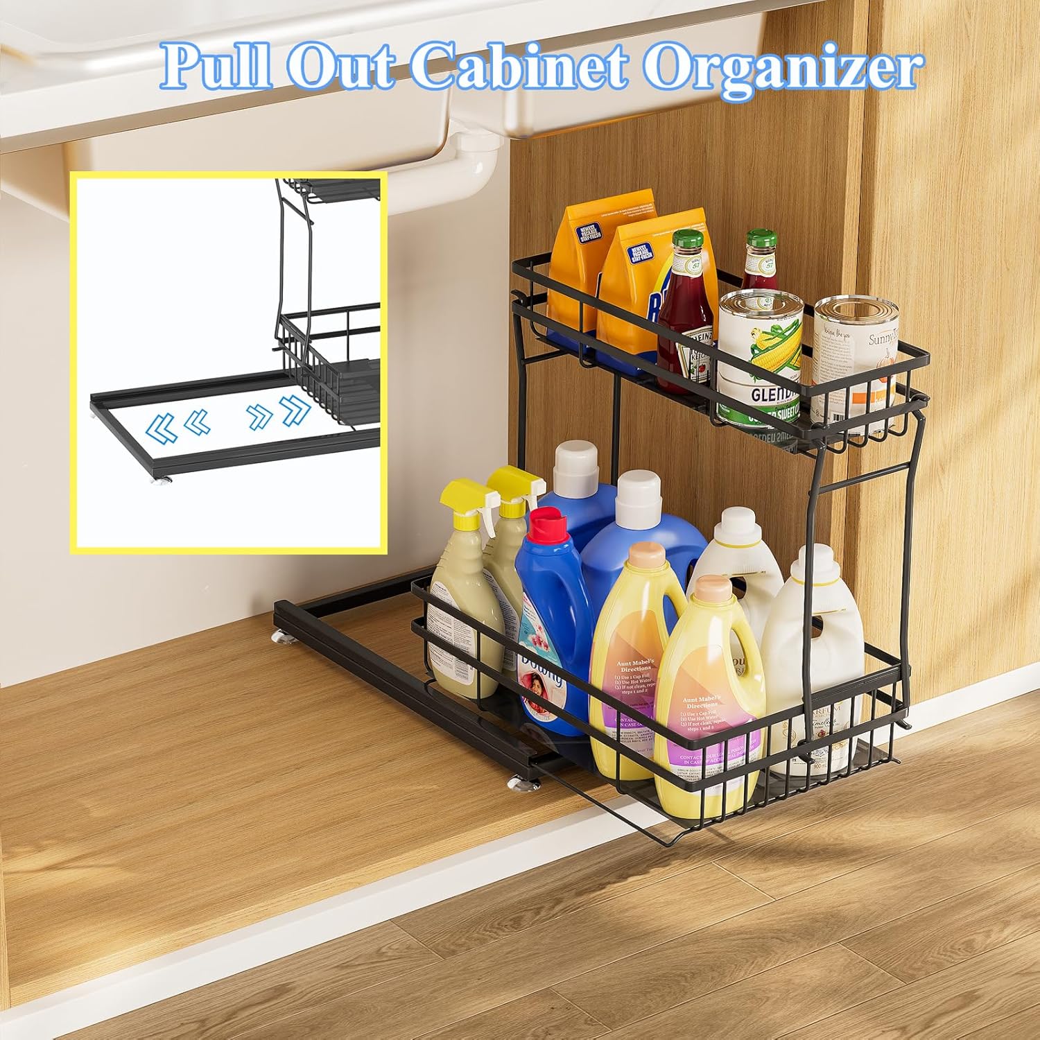 Skiennix Under Sink Organizer - 2 Tier Pull-Out Cabinet Storage with Metal Sliding Drawers | Black