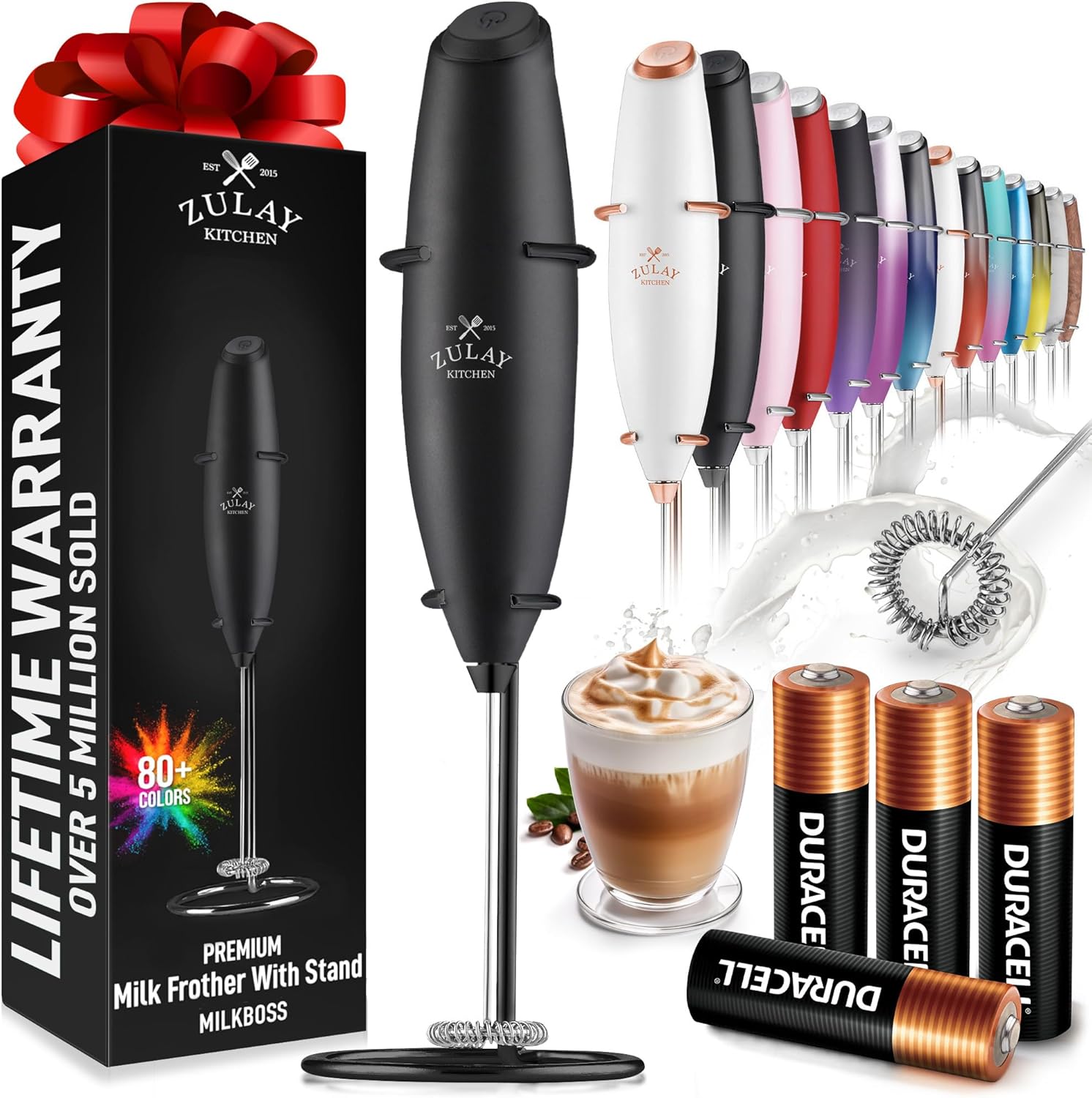 Zulay Kitchen Milk Frother Wand - Ultra-Fast Handheld Electric Whisk for Coffee & Lattes - Executive Black with 4 AA Batteries