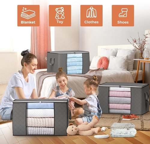 Budding Joy 90L Large Storage Bags - 10 Pack Foldable Closet Organizers with Reinforced Handles | Gray