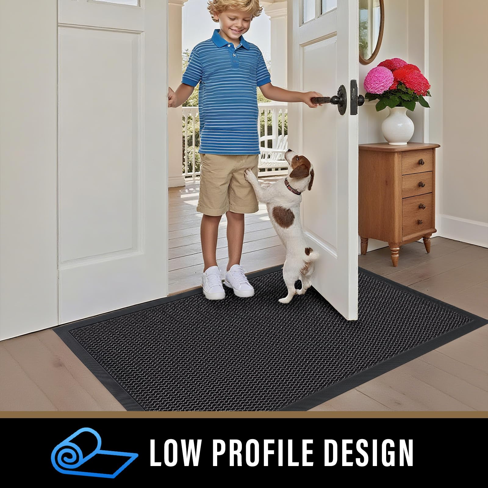 PLEASOR Front Door Mat Indoor Outdoor Entrance, Sturdy Natural Rubber Doormat, Resists Dirt and Absorbent, Low Profile Welcome Mat for Outdoor Entry, 17x30, Grey